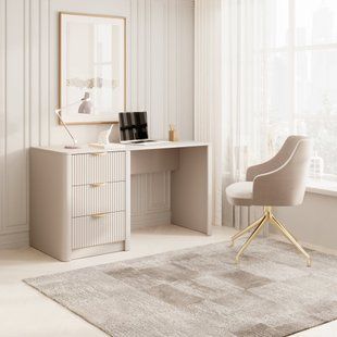 Стіл комп'ютерний, письмовий Perfect Home Ланте / Lante 3S/140 з 3 шухлядами і золотими ручами Беж жива фотографія