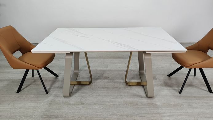 Стол раскладной BIANCO LUXE CERAMIC Intarsio 160(240)*90 белый мат/белый+золото реальная фотография