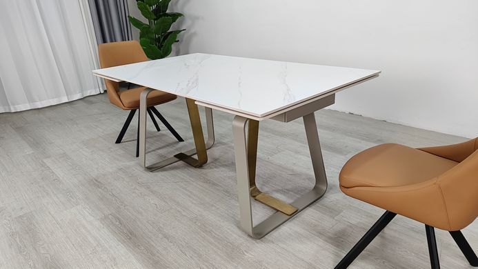 Стол раскладной BIANCO LUXE CERAMIC Intarsio 160(240)*90 белый мат/белый+золото реальная фотография