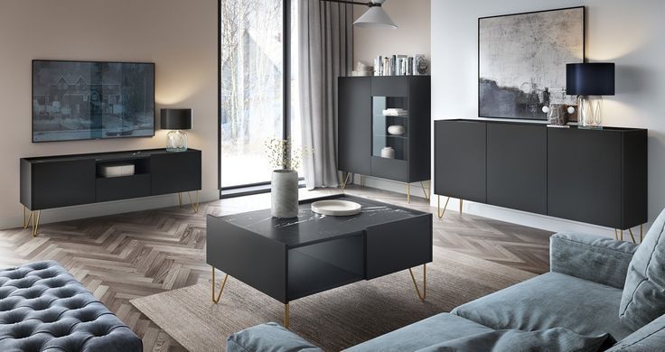 Стіл журнальний Perfect Home Гармоні / Harmony з 2 ящиками та золотими ніжками L97 Чорний/чорний мармур роял жива фотографія