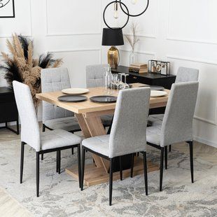 Комплект стол раскладной MEBEL ELITE CLARK 120(160)х80 см Дуб артизан/черный +6 стула TEX Серый реальная фотография