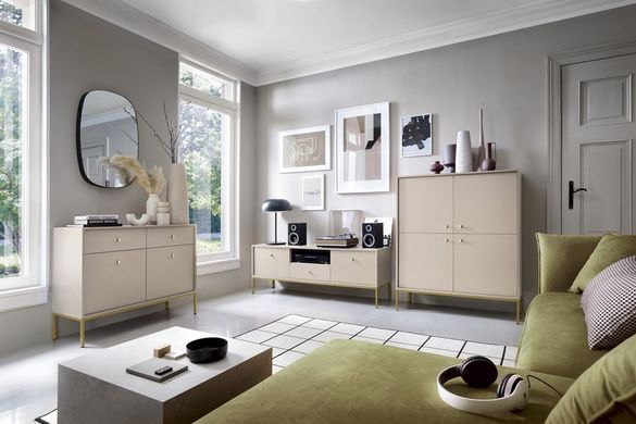 Стіл журнальний Perfect Home Моно / Mono з 2 шухлядами та золотими ніжками ML104 Беж пісочний жива фотографія