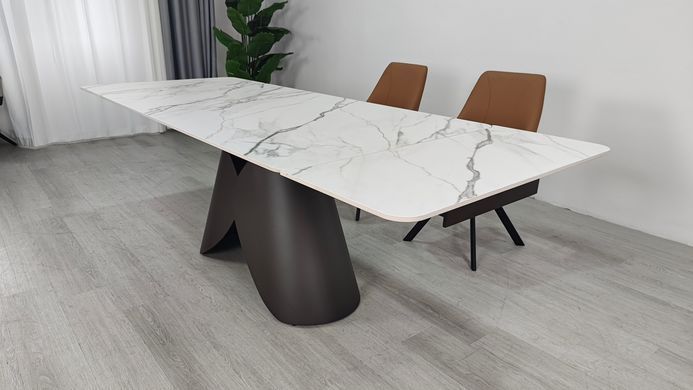 Стіл розкладний AGNES CERAMIC Intarsio 160(240)*90 білий позолочений мат/коричневий жива фотографія