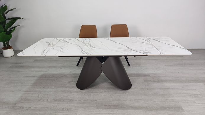 Стіл розкладний AGNES CERAMIC Intarsio 160(240)*90 білий позолочений мат/коричневий жива фотографія