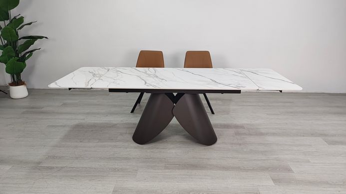 Стіл розкладний AGNES CERAMIC Intarsio 160(240)*90 білий позолочений мат/коричневий жива фотографія