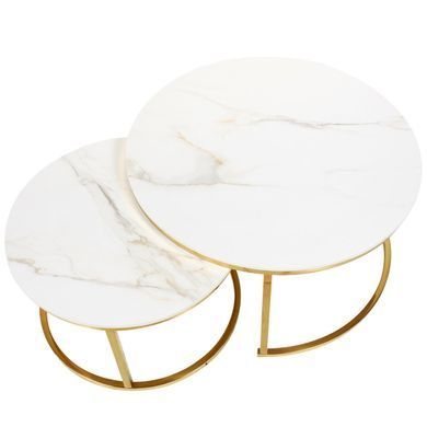 Журнальный столик ALABAMA A KASS GOLD Intarsio 80x80 Белый Глянец Эффект Мрамора / Золото реальная фотография