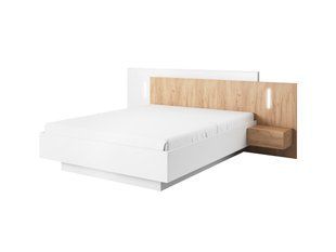 Кровать (каркас) Perfect Home 3Д / 3D 160 двуспальная с прикроватными тумбами и подсветкой Белый/дуб крафт золотой реальная фотография