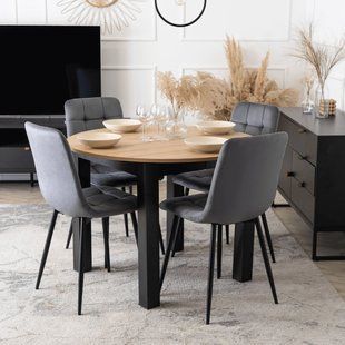 Комплект стол раскладной MEBEL ELITE HARRY 102(142)х102 см Дуб Артизан/ Черный +4 стула PERU Серый реальная фотография
