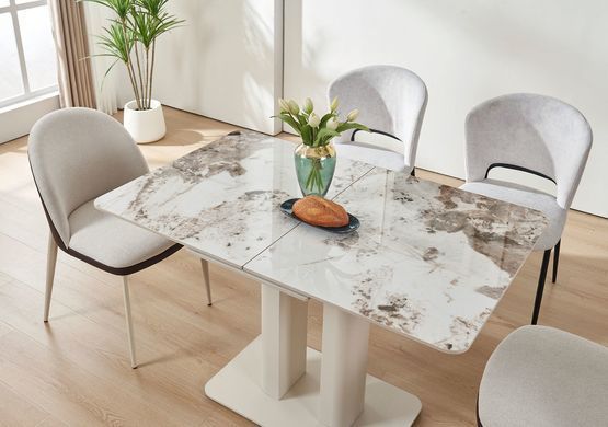 Стіл ROTTERDAM CERAMIC Intarsio 120(160)*75 білий глянець/кашемір жива фотографія