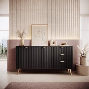 Комод Perfect Home Ланте / Lante 2-дверний з 3 шухлядами і золотими ніжками 2D3S/163 Чорний жива фотографія