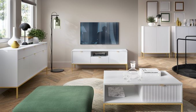 Тумба під телевізор Perfect Home Нова / Nova 1-дверна з 2 ящиками і золотими ніжками RTV154 Білий жива фотографія