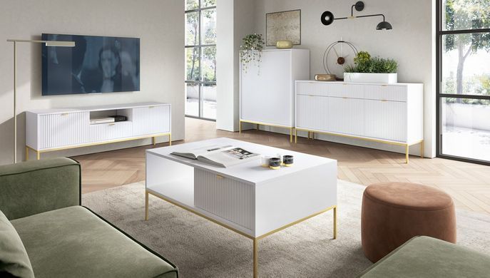 Тумба під телевізор Perfect Home Нова / Nova 1-дверна з 2 ящиками і золотими ніжками RTV154 Білий жива фотографія