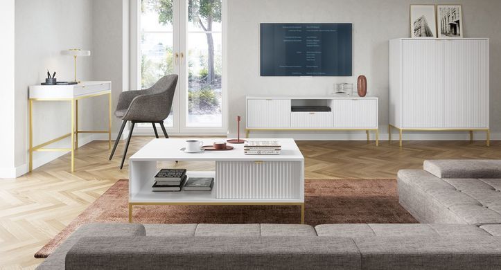 Тумба під телевізор Perfect Home Нова / Nova 1-дверна з 2 ящиками і золотими ніжками RTV154 Білий жива фотографія