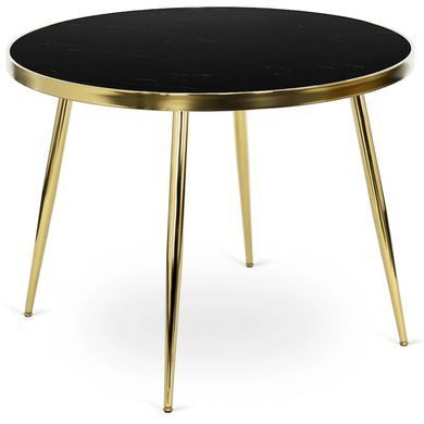 Комплект стола MEBEL ELITE TINGA 100х100 см Черный/золото +4 стулья IRYS Velvet Розовый/золото реальная фотография