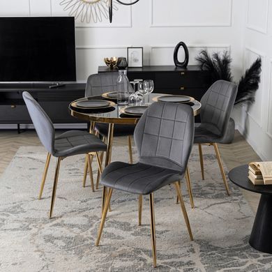 Комплект стіл MEBEL ELITE TINGA 100х100 см Чорний/золото +4 стільці IRYS Velvet Сірий/золото жива фотографія