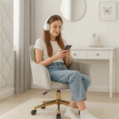 Стілець офісний поворотний оксамитовий MEBEL ELITE KONOR Velvet Сірий/золото жива фотографія