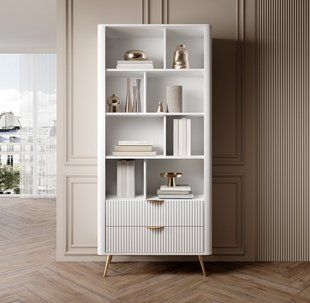 Стелаж Perfect Home Ланте / Lante 2S з 2 шухлядами і золотими ніжками Білий жива фотографія