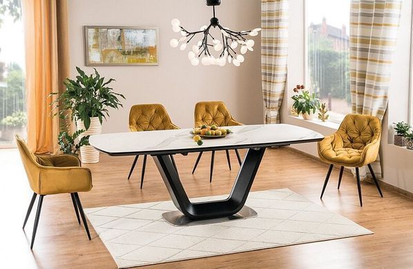 Cтол обеденный ARMANI Ceramic Signal 160(220)X90 Эффект Мрамора Белый / Черный Мат реальная фотография